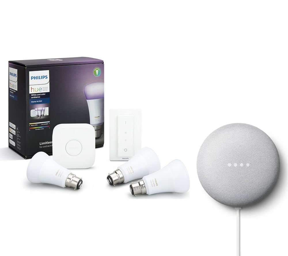 PHILIPS Hue A60 White & Colour Ambience B22 Starter Kit with Google Nest Mini Bundle, White