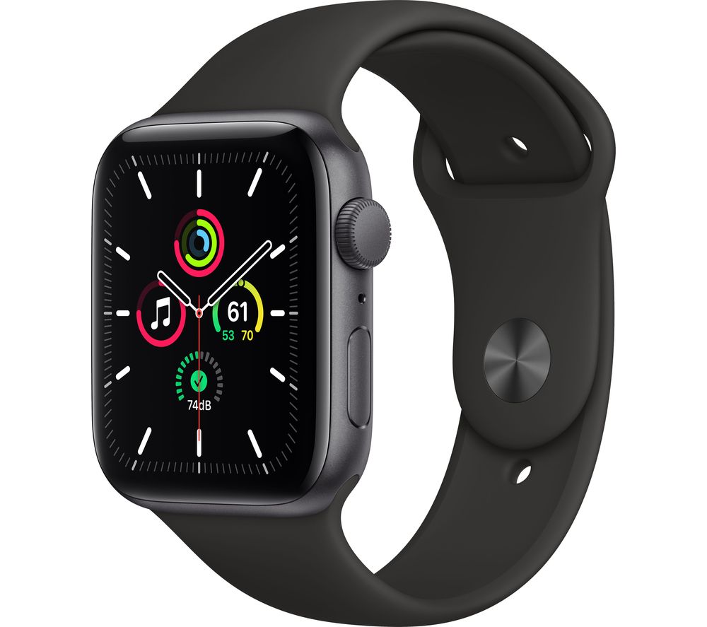 APPLE Watch SE - Space Grey Aluminium with Black Sports Band, 44 mm, Grey