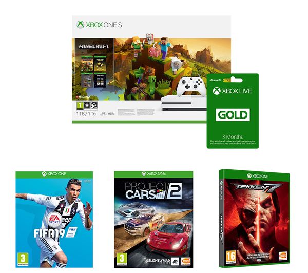 MICROSOFT Xbox One S, Minecraft Holiday Edition, FIFA 19, Tekken 7, Project Cars 2 & Xbox LIVE Gold Membership Bundle, Gold