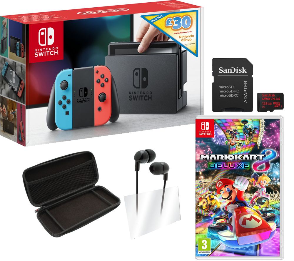 NINTENDO Switch Neon with £30 eShop Credit, Mario Kart 8 Deluxe, 128 GB Memory Card & Switch Starter Kit Bundle, Neon