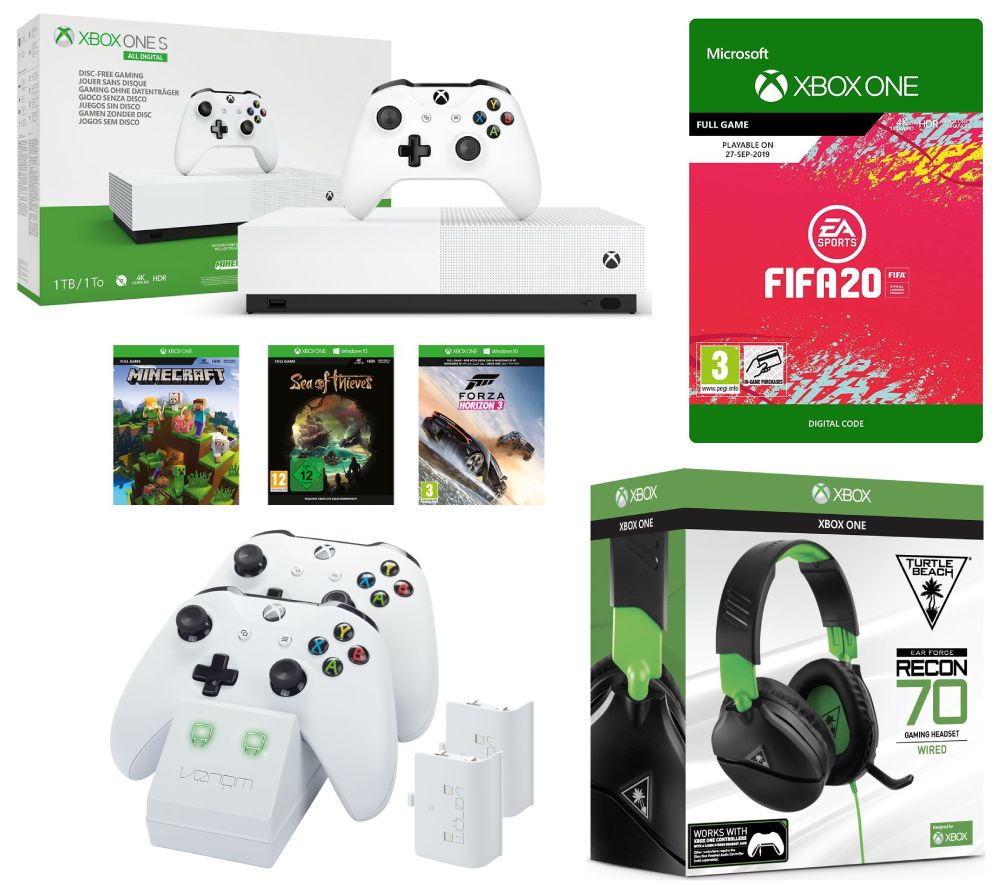 MICROSOFT Xbox One S All-Digital Edition, Minecraft, Forza Horizon 3, Sea of Thieves, FIFA 20, Xbox LIVE Gold, Twin Docking Station & Recon 70X Gaming Headset Bundle, Gold