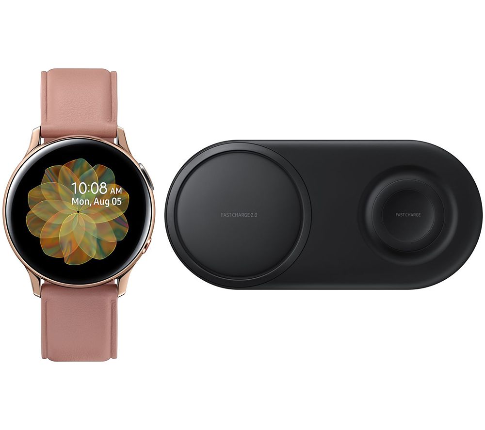 SAMSUNG Galaxy Watch Active2 4G & Qi Wireless Duo Charging Pad Bundle - Rose Gold, Leather & Stainless Steel, 40 mm, Stainless Steel