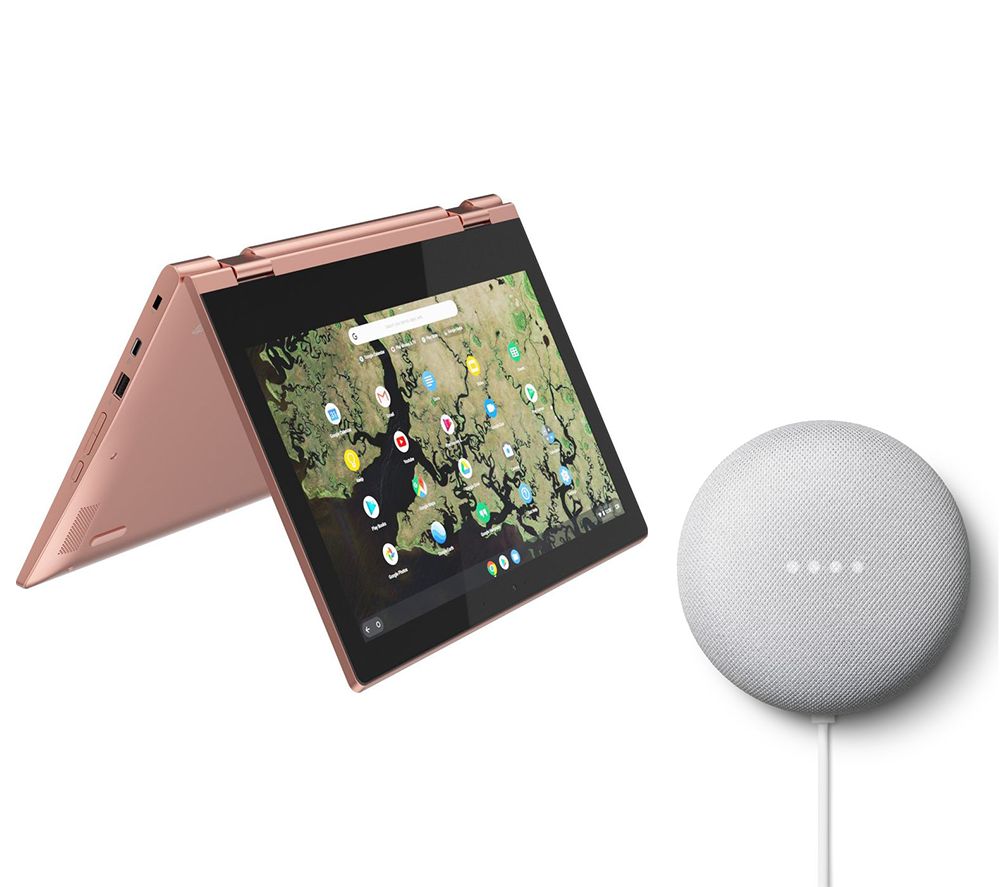 LENOVO C340-11 11.6" 2 in 1 Chromebook & Chalk Google Nest Mini (2nd Gen) Bundle, Pink
