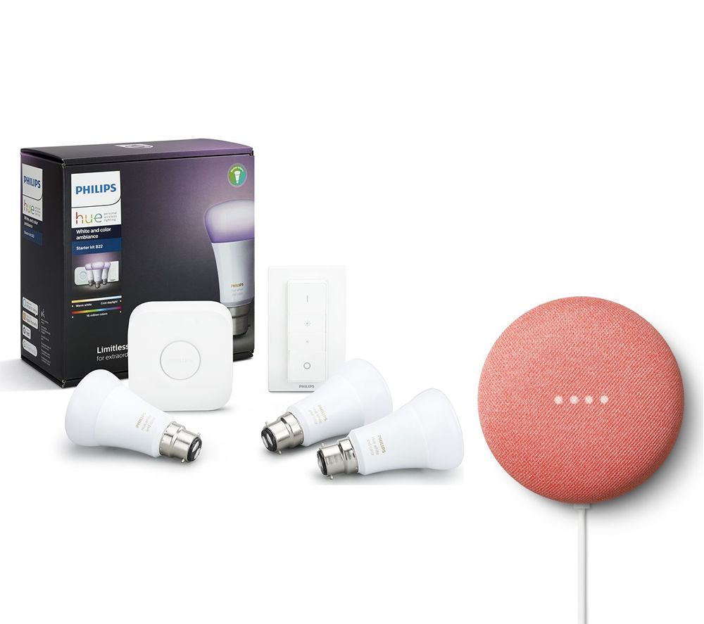 PHILIPS Hue A60 White & Colour Ambience B22 Starter Kit with Google Nest Mini Bundle, White