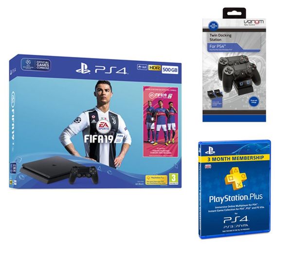 PlayStation 4 500 GB with FIFA 19, Twin Docking Station & PlayStation Plus 3 Month Bundle, Red