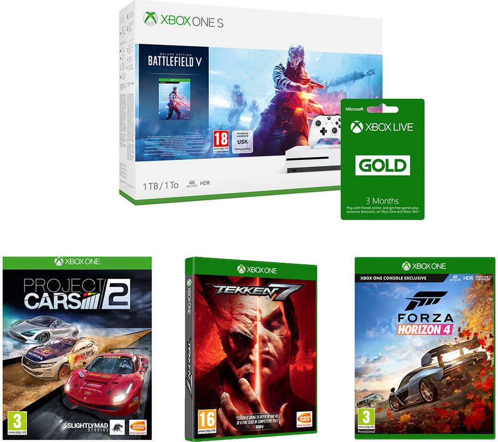 MICROSOFT Xbox One S, Battlefield V, Tekken 7, Forza Horizon 4, Project Cars 2 & Xbox LIVE Gold Bundle, Gold