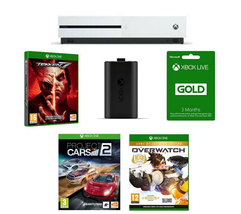 MICROSOFT Xbox One S, Overwatch, Project Cars 2, Tekken 7, Charge Kit & 3 Months LIVE Gold Bundle, Gold