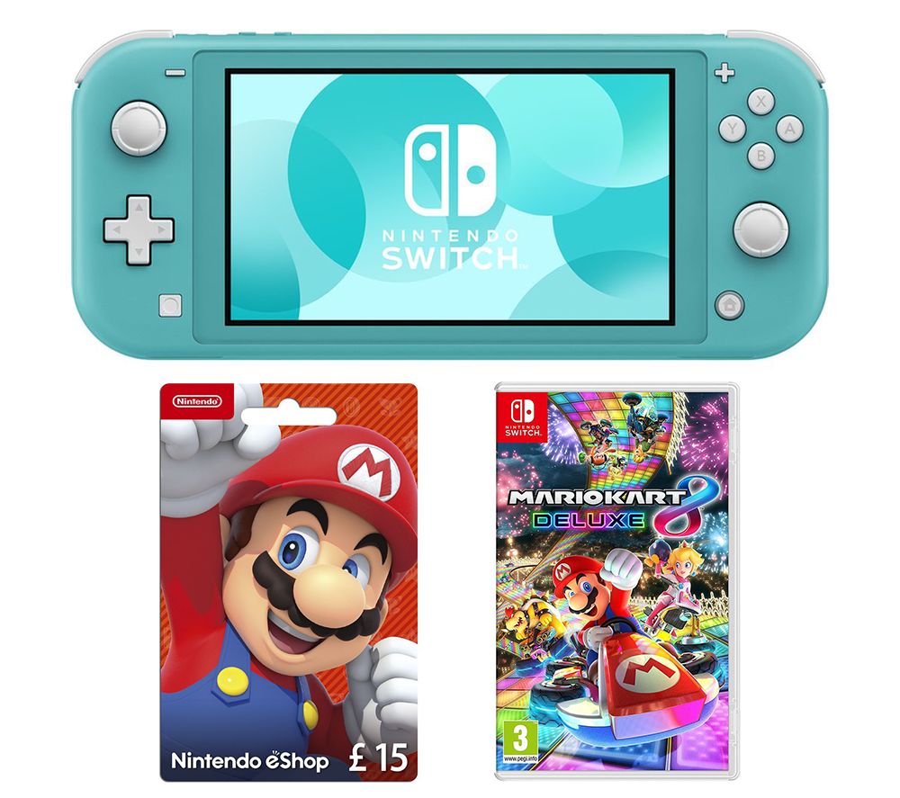 NINTENDO Switch Lite, Mario Kart 8 Deluxe & eShop £15 Gift Card Bundle - Turquoise, Turquoise