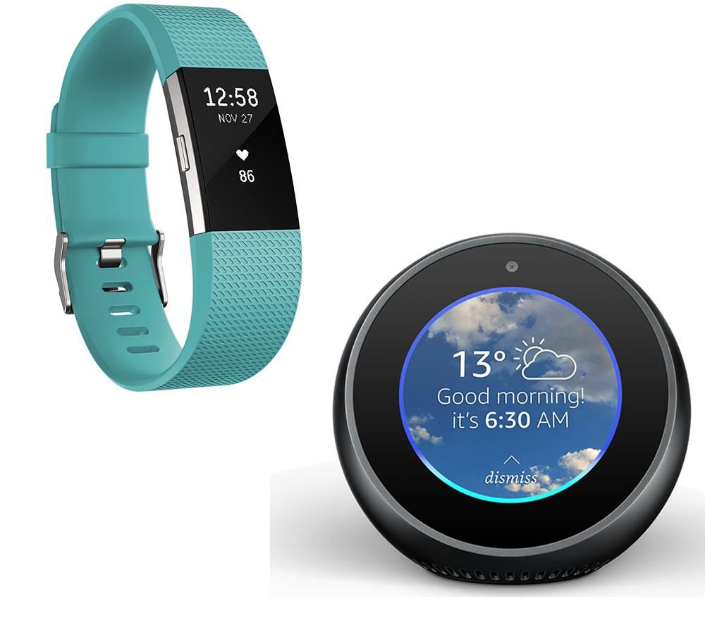 FITBIT Charge 2 (Teal, Large) & Amazon Echo Spot Bundle, Teal