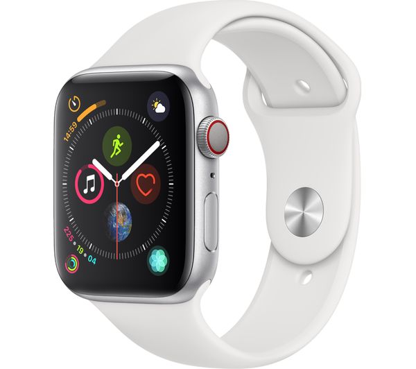 APPLE Watch Series 4 Cellular - Silver & White Sports Band, 44 mm, Silver