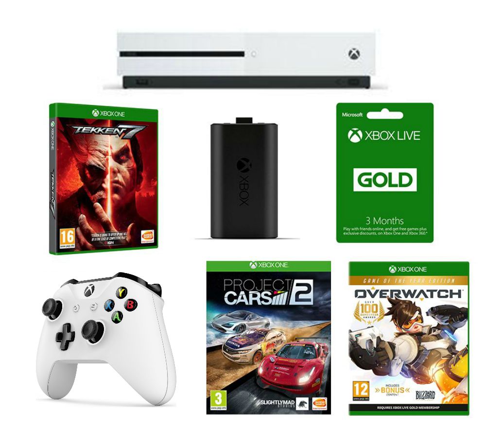 MICROSOFT Xbox One S, Overwatch, Project Cars 2, Tekken 7, Charge Kit, Wireless Controller & 3 Months LIVE Gold Bundle, Gold