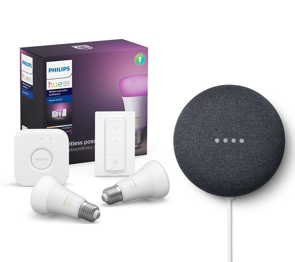 PHILIPS Hue A60 White & Colour Ambience Starter Kit with Google Nest Mini Bundle, White