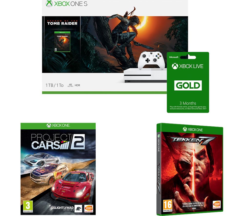 MICROSOFT Xbox One S, Shadow of the Tomb Raider, Tekken 7, Project Cars 2 & LIVE Gold Bundle, Gold