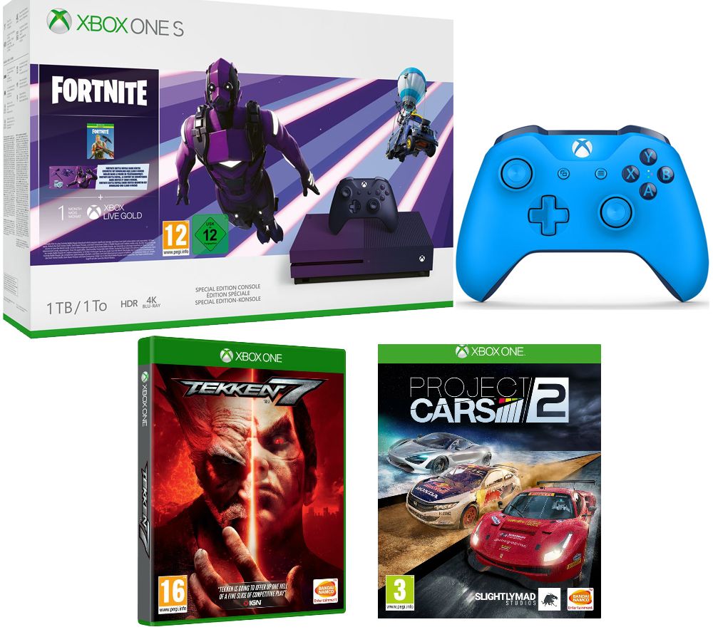 MICROSOFT Special Edition Xbox One S, Fortnite, Tekken 7, Project Cars 2 & Blue Wireless Controller Bundle, Blue