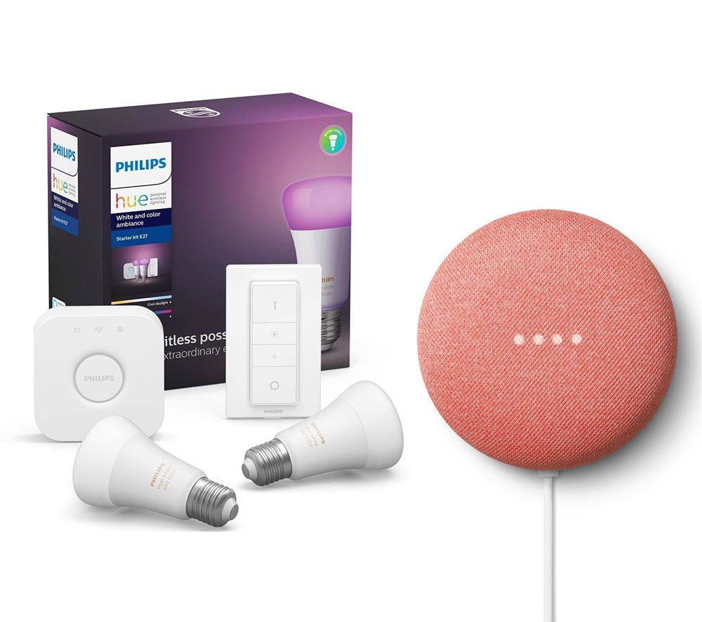 PHILIPS Hue A60 White & Colour Ambience Starter Kit with Google Nest Mini Bundle, White