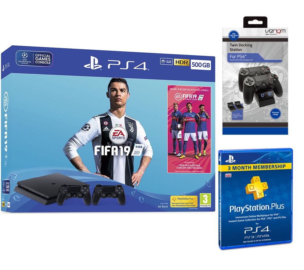 PlayStation 4 500 GB with FIFA 19, Twin Docking Station & 3 Month Subscription Bundle, Red