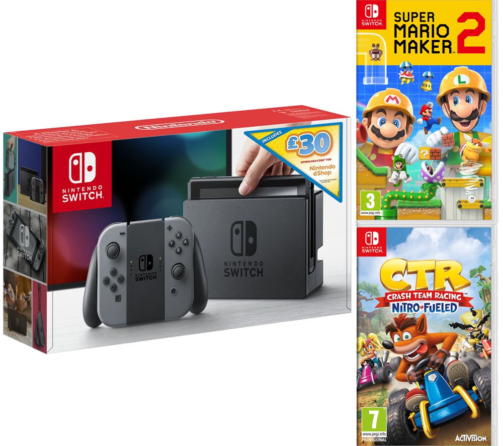 NINTENDO Switch Grey with £30 eShop Credit, Super Mario Maker 2 & Crash Team Racing Bundle, Grey