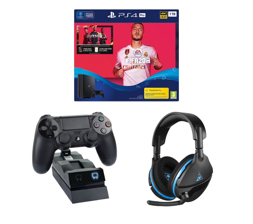 SONY Playstation 4 Pro with FIFA 20, Twin Docking Station & Gaming Headset Bundle - 1 TB, Black