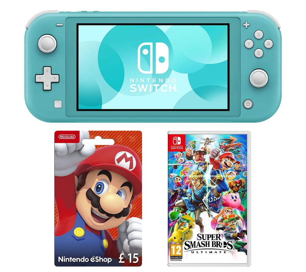 NINTENDO Switch Lite, Super Smash Bros. Ultimate & eShop £15 Gift Card Bundle - Turquoise, Turquoise