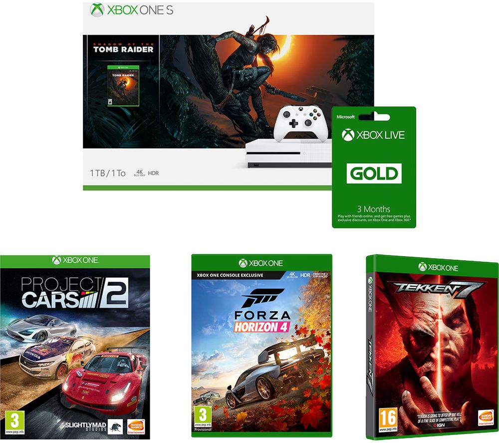 MICROSOFT Xbox One S, Shadow of the Tomb Raider, Forza Horizon 4, Tekken, Project Cars & LIVE Gold Bundle, Gold