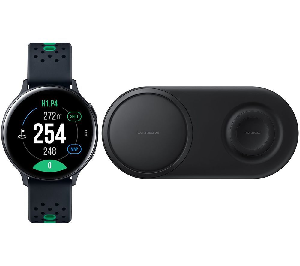 SAMSUNG Galaxy Watch Active2 Golf Edition & Qi Wireless Duo Charging Pad Bundle, Aqua