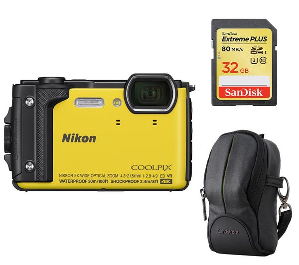 NIKON COOLPIX W300 Tough Compact Camera, SWCOM13 Camera Case & 32 GB Memory Card Bundle - Yellow, Yellow
