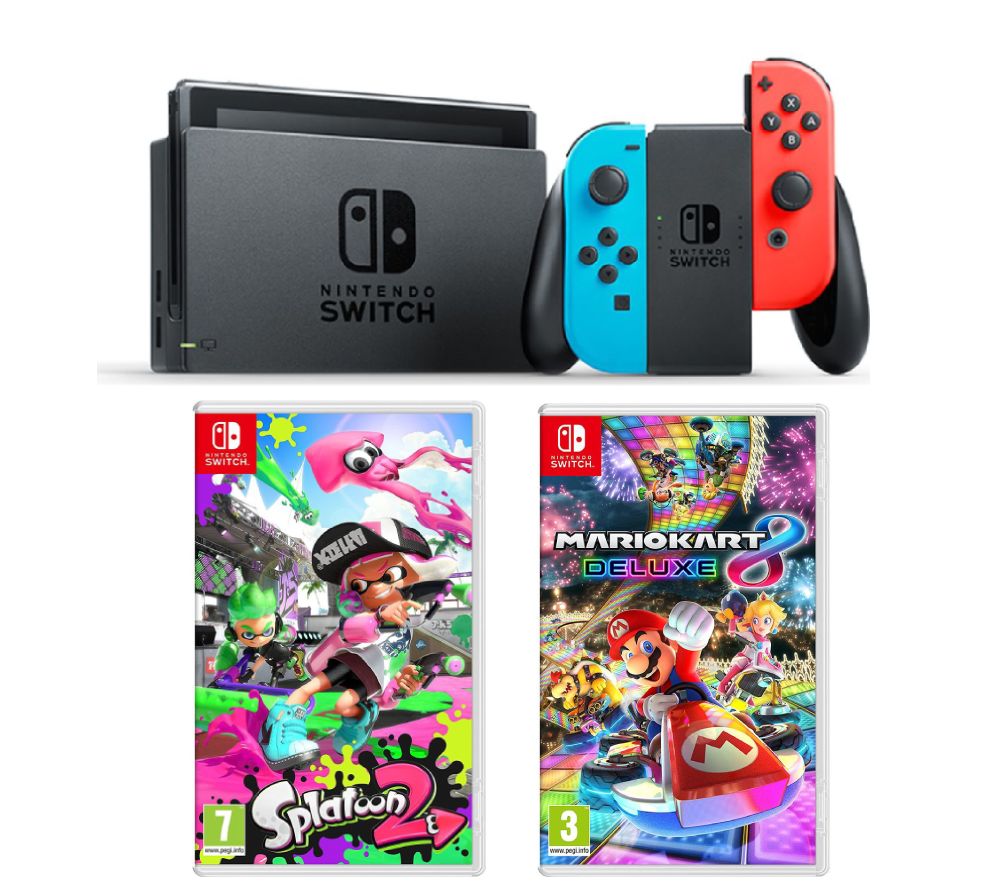 NINTENDO Switch Neon Red & Blue, Splatoon 2 & Mario Kart 8 Deluxe Bundle, Neon