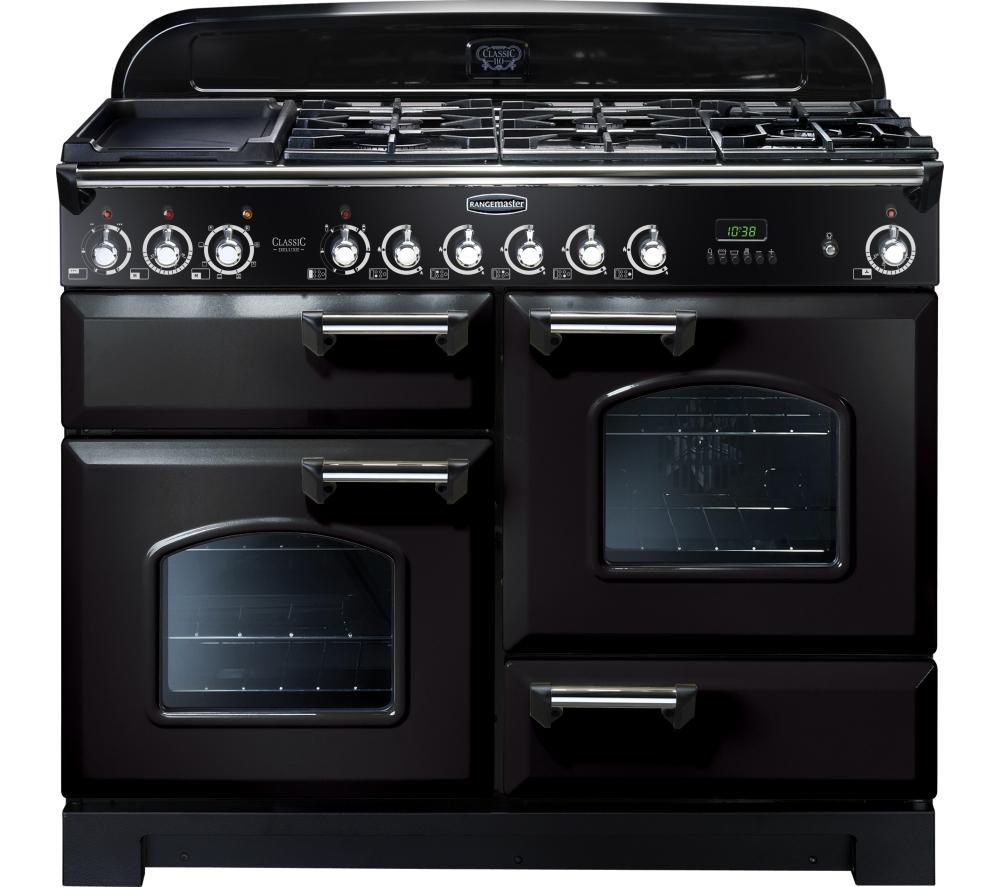 Rangemaster Classic Deluxe 110 Dual Fuel Range Cooker - Black & Chrome, Black