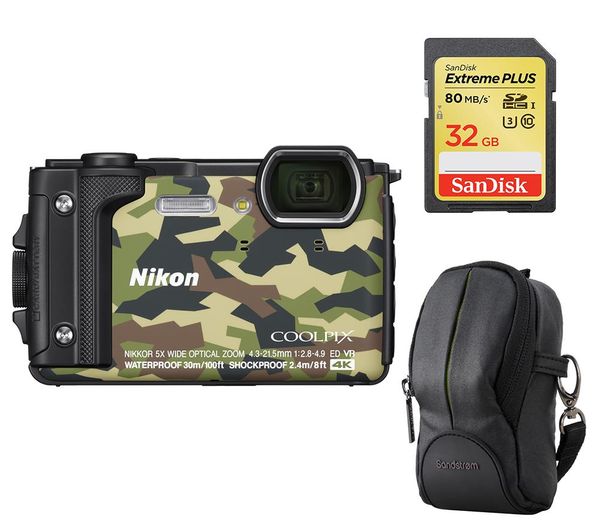 NIKON COOLPIX W300 Tough Compact Camera, SWCOM13 Camera Case & 32 GB Memory Card - Camo