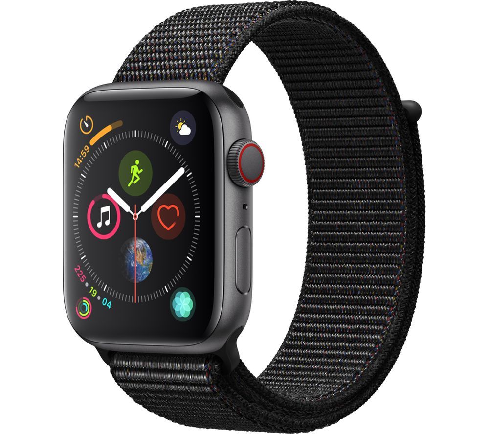 APPLE Watch Series 4 Cellular - Space Grey & Black Sports Band, 44 mm, Grey
