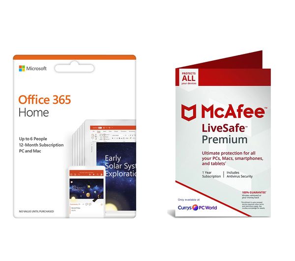 MICROSOFT Office 365 Home (1 year, 5 users) & McAfee LiveSafe Premium (1 year, unlimited devices) Bundle