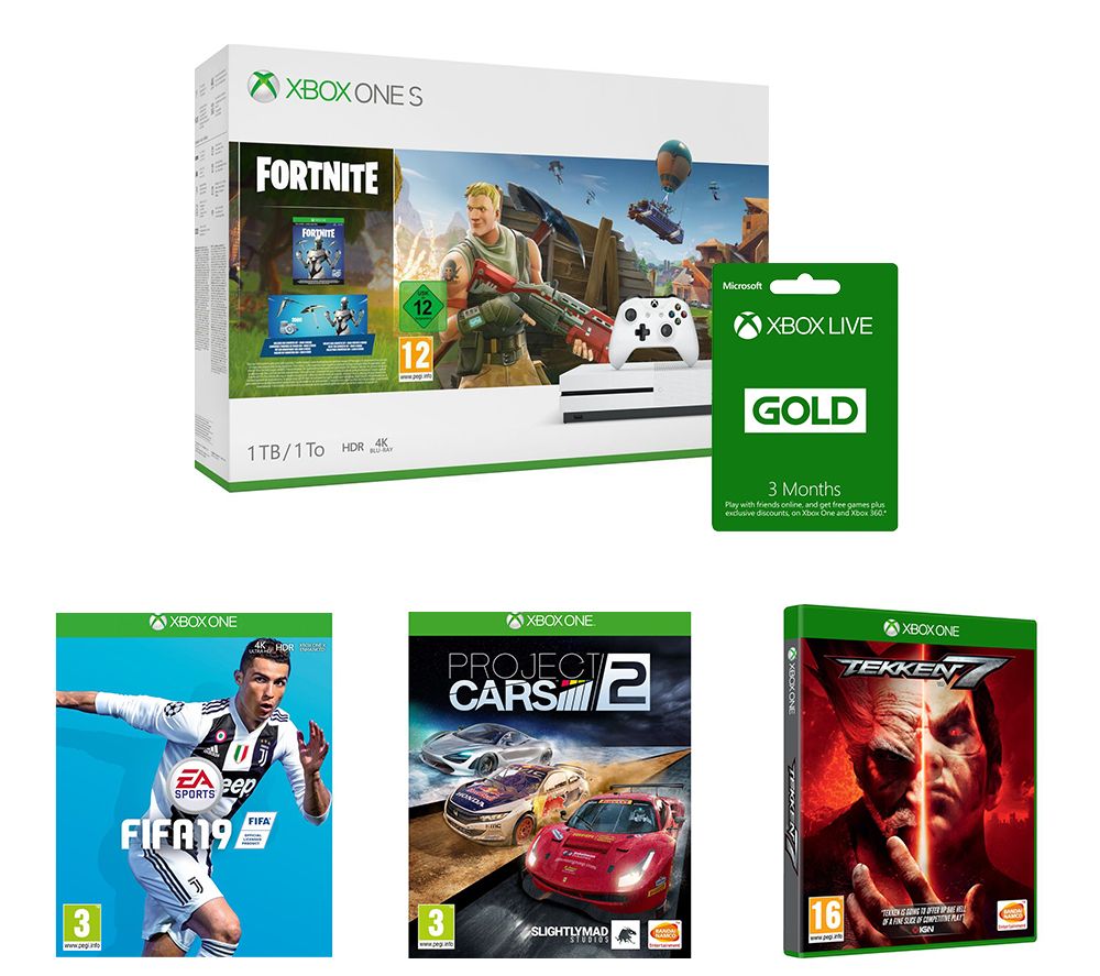 MICROSOFT Xbox One S, Fortnite Battle Royale, FIFA 19, Tekken 7, Project Cars 2 & LIVE Gold Subscription Bundle, Gold