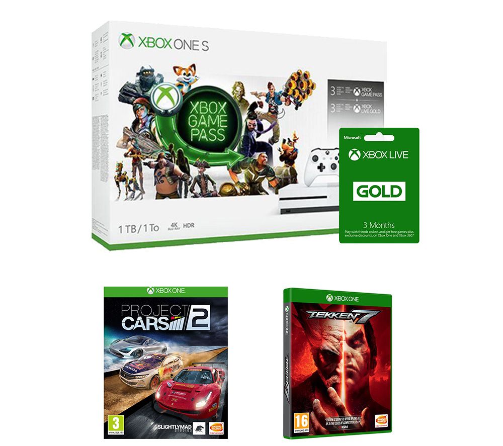 MICROSOFT Xbox One S, 3-Month Game Pass x 2, Live Gold Membership, Tekken 7 & Project Cars 2 Bundle - 1 TB, Gold