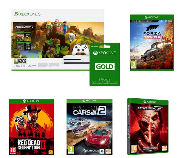 MICROSOFT Xbox One S, Minecraft Holiday Edition, Project Cars 2, Forza Horizon 4, Tekken 7, Red Dead Redemption 2 & Xbox LIVE Gold Bundle, Red