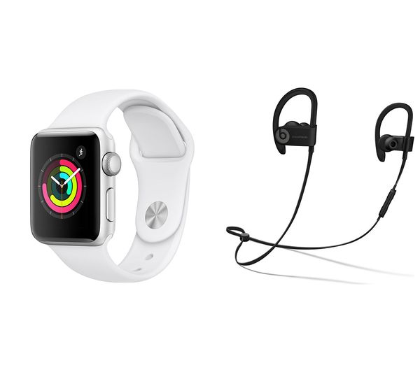 APPLE Watch Series 3 & Powerbeats3 Wireless Bluetooth Headphones Bundle - Silver & White Sports Band, 38 mm, Silver