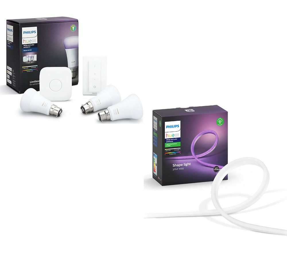 PHILIPS Hue A60 White & Colour Ambience B22 Starter Kit & Outdoor LightStrip Bundle, White