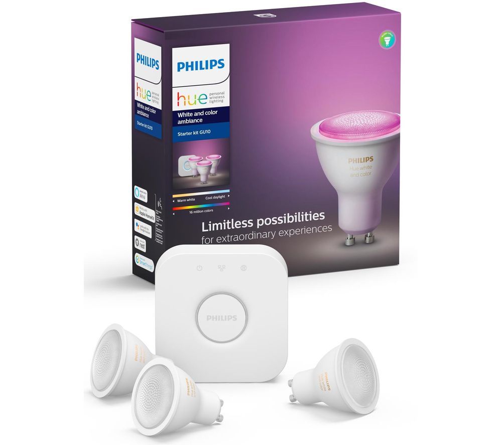 PHILIPS HUE Hue White & Colour Ambience Smart Lighting Starter Kit with Bridge - GU10, White