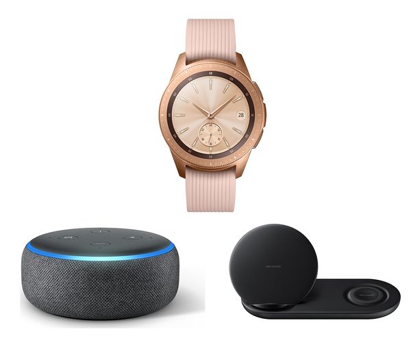 SAMSUNG 42 mm Galaxy Watch (Rose Gold), Amazon Echo Dot (Charcoal) & Duo Qi Wireless Charging Pad Bundle, Gold