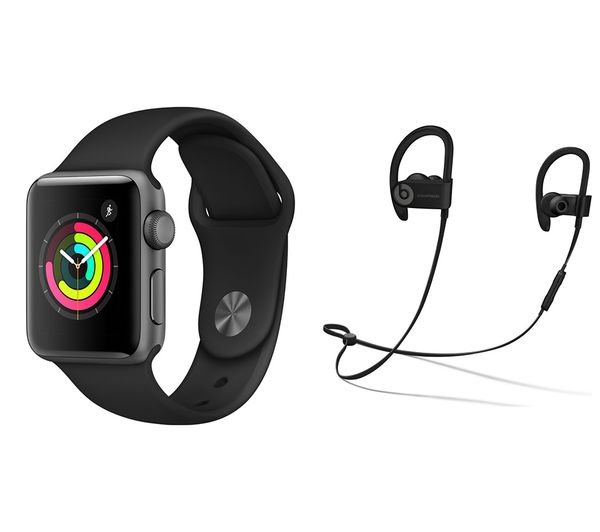 APPLE Watch Series 3 & Powerbeats3 Wireless Bluetooth Headphones Bundle - Space Grey & Black Sports Band, 38 mm, Grey