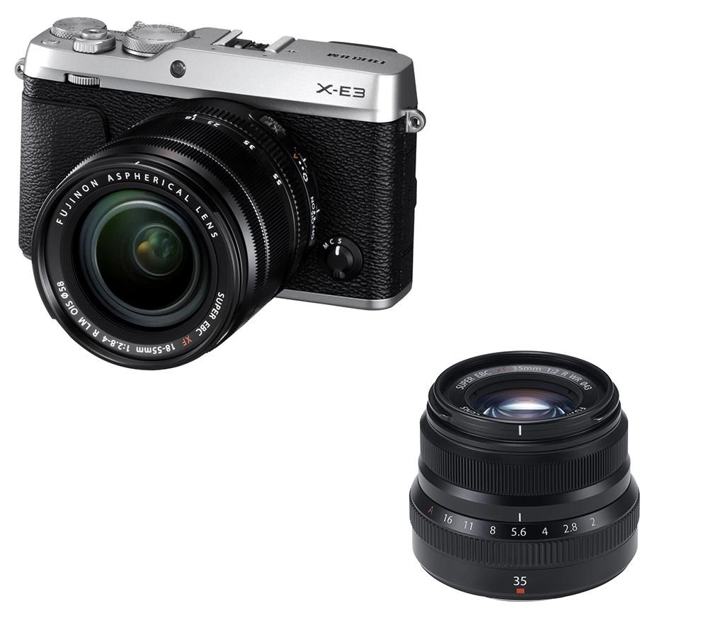 FUJIFILM X-E3 Mirrorless Camera, XF 18-55 mm f/2.8-4 R LM IOS Lens & Fujinon XF 35 mm f/2.0 R WR Standard Prime Lens Bundle - Silver, Silver