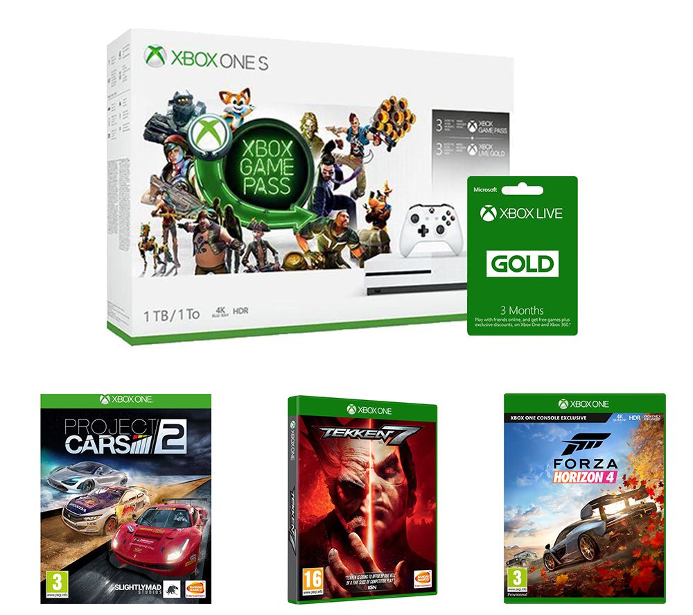 MICROSOFT Xbox One S, 3-Month Game Pass, Live Gold Membership x 2, Tekken 7, Project Cars 2 & Forza Horizon 4 Bundle - 1 TB, Gold