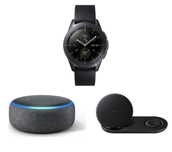 SAMSUNG 42 mm Galaxy Watch (Midnight Black), Amazon Echo Dot (Charcoal) & Duo Qi Wireless Charging Pad Bundle, Black