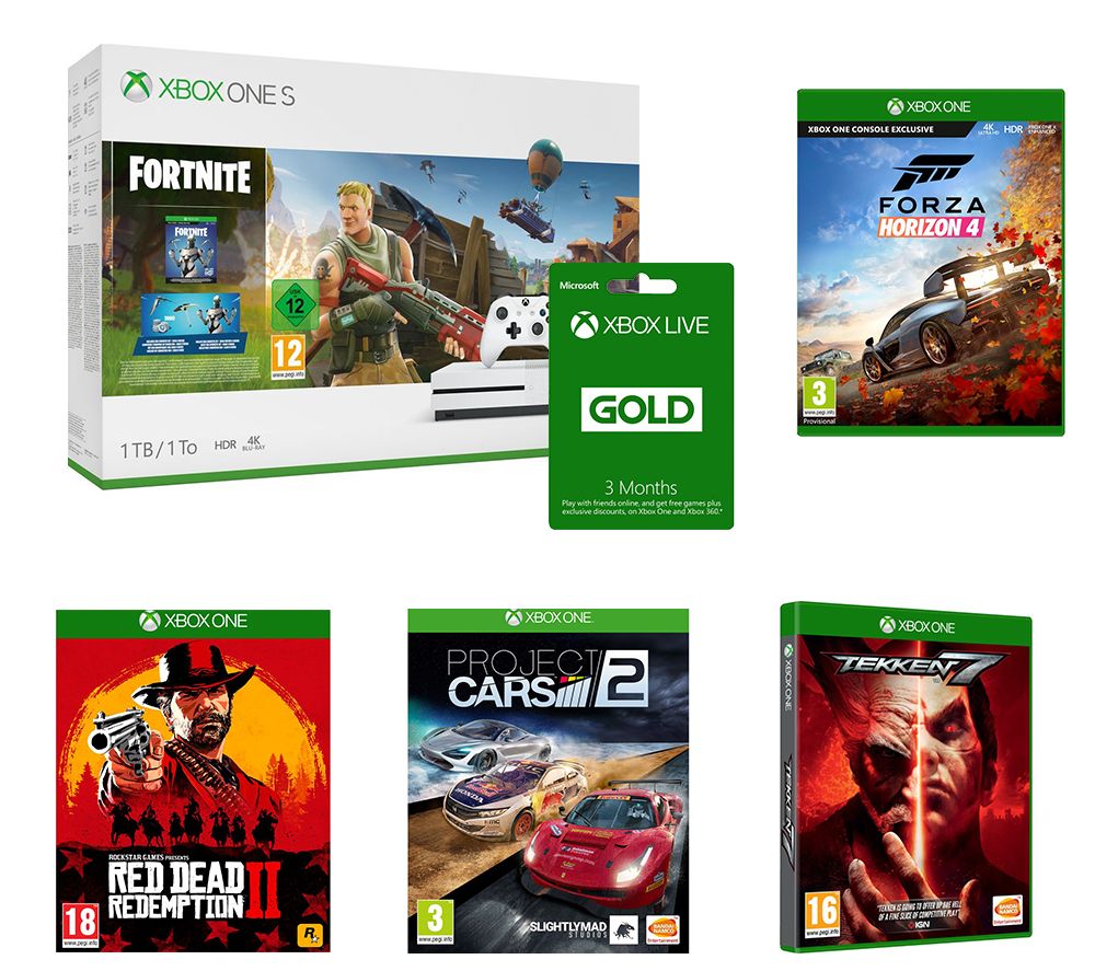MICROSOFT Xbox One S, Fortnite Battle Royale, Project Cars 2, Forza Horizon 4, Tekken 7, Red Dead Redemption 2 & Xbox LIVE Gold Bundle, Red