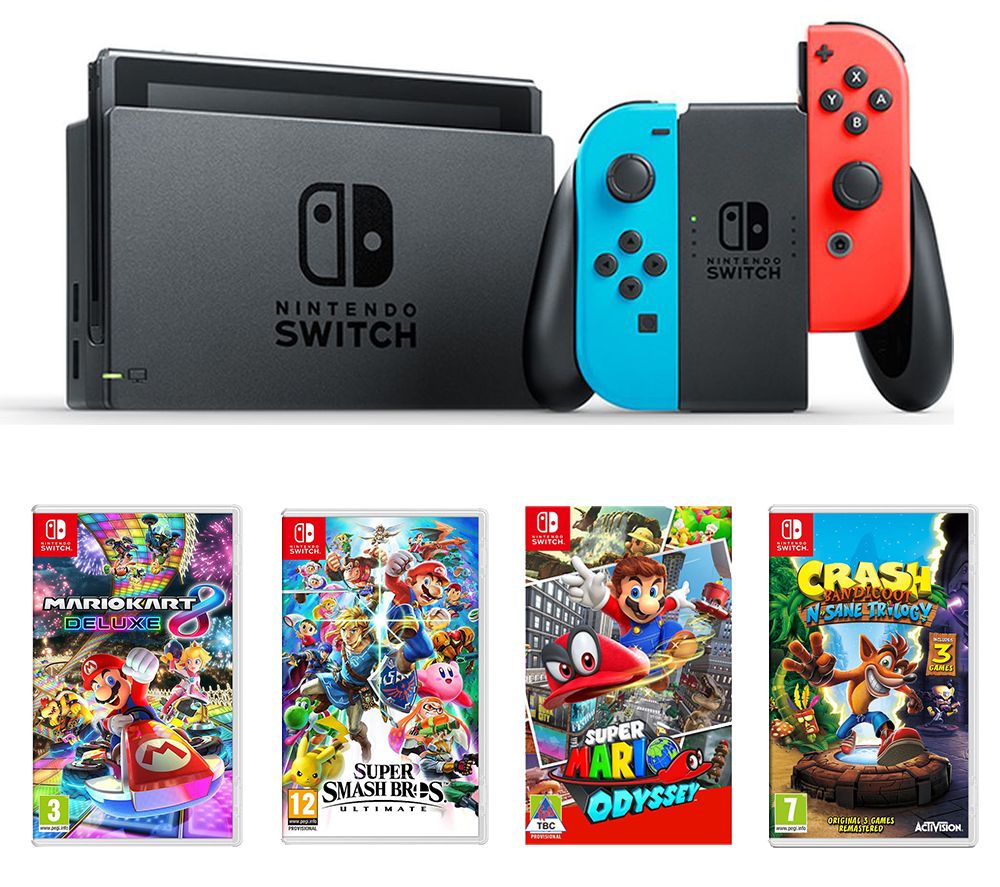 NINTENDO Switch Neon Red & Blue, Super Smash Bros. Ultimate, Crash Bandicoot N-Sane Trilogy, Mario Kart 8 Deluxe & Super Mario Odyssey Bundle, Neon