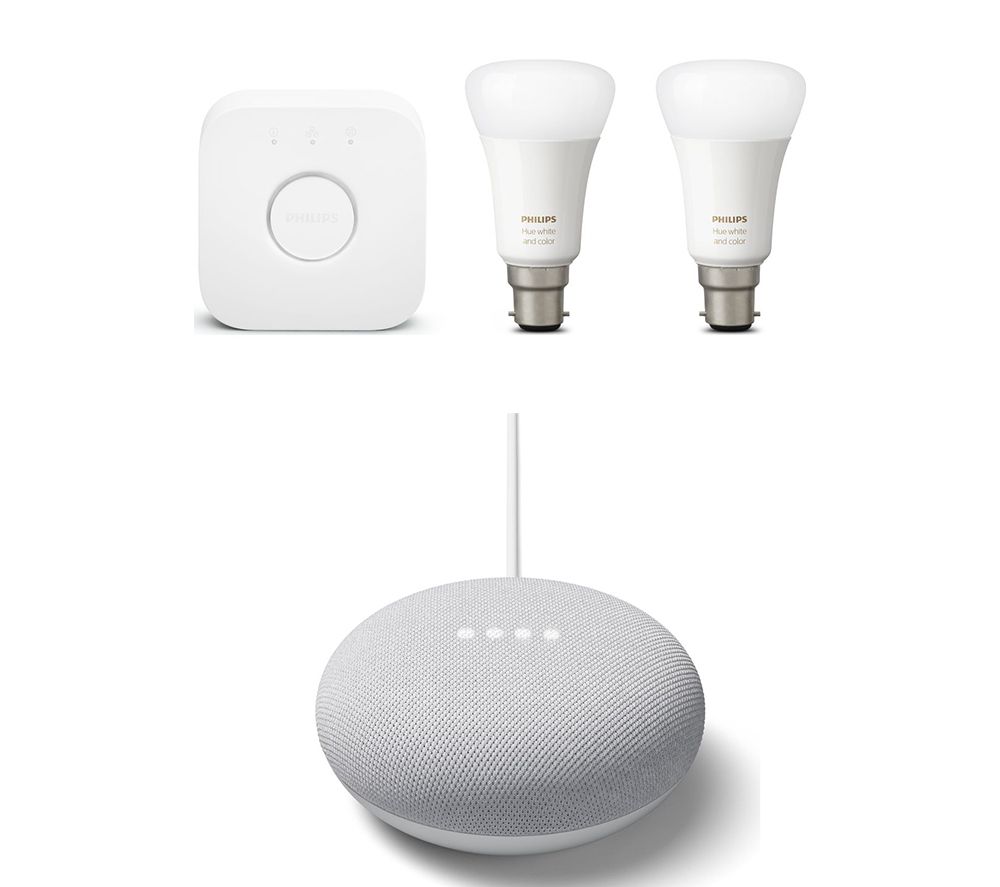 PHILIPS HUE White and Colour Smart Bulb Starter Kit & Google Chalk Nest Mini (2nd Gen) Bundle, White