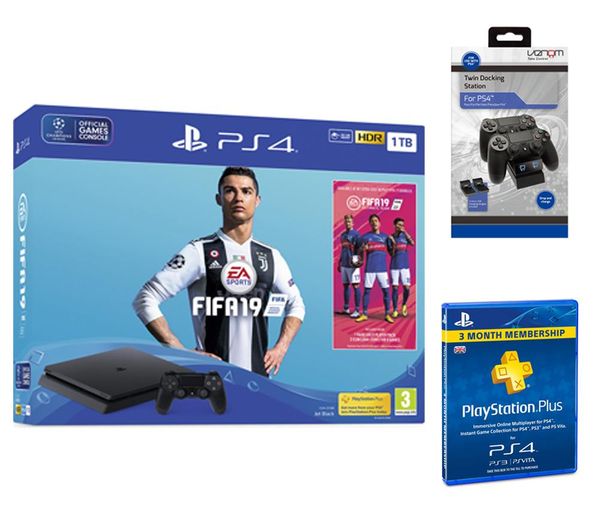 PlayStation 4 with FIFA 19, Twin Docking Station & PlayStation Plus 3 Month Subscription Bundle, Red