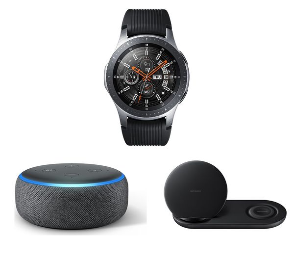 SAMSUNG 46 mm Galaxy Watch (Silver), Echo Dot (2018) & Duo Qi Wireless Charging Pad Bundle, Silver