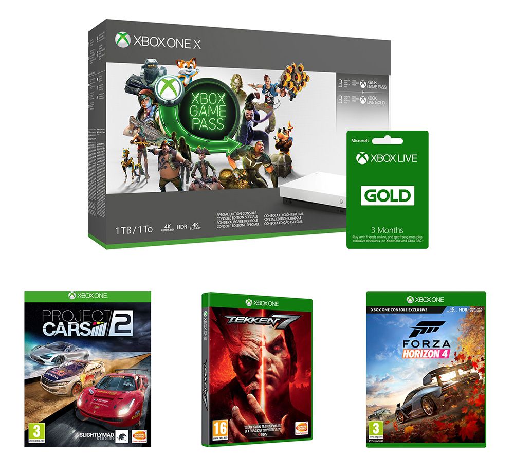 MICROSOFT Xbox One X, 3-Month Game Pass, Live Gold Membership x 2, Tekken 7, Project Cars 2 & Forza Horizon 4 Bundle - 1 TB, Gold