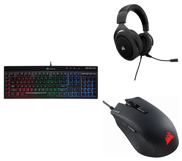 CORSAIR HS50 Gaming Headset, K55 RGB Gaming Keyboard & Harpoon RGB Optical Gaming Mouse Bundle, Black