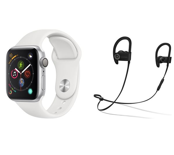 APPLE Watch Series 4 & Powerbeats3 Wireless Bluetooth Headphones Bundle - Silver & White Sports Band, 40 mm, Silver